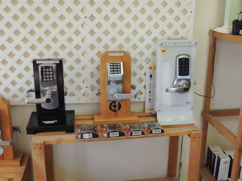 Electronic keypad locks on display in the shop
